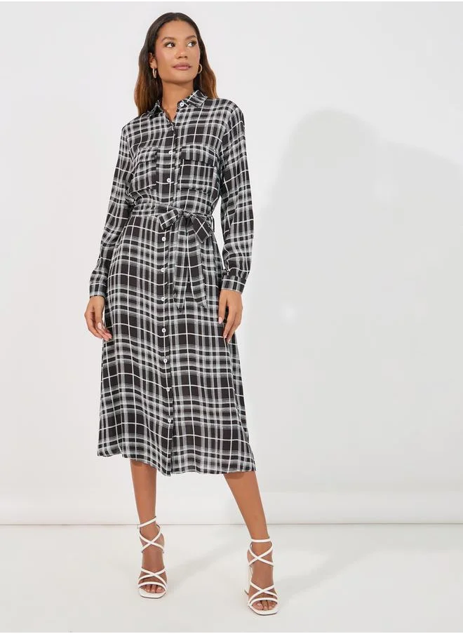 Styli Checkered Shirt Midi Dress with Tie Belt