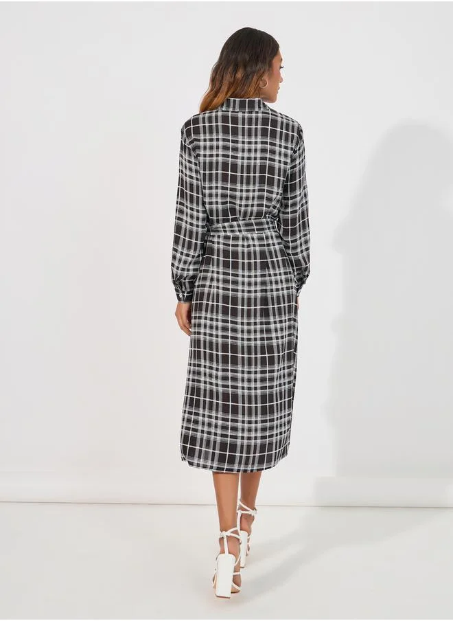 Styli Checkered Shirt Midi Dress with Tie Belt
