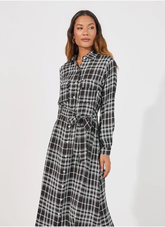 Styli Checkered Shirt Midi Dress with Tie Belt