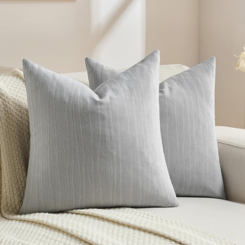 FUTEI Light Grey Chenille Decorative Throw Pillow Covers 18x18 Inch Set of 2,Soft Crushed Striped Texture Cushion Case,Modern Home Decor for Couch Bed Living Room - Image 1