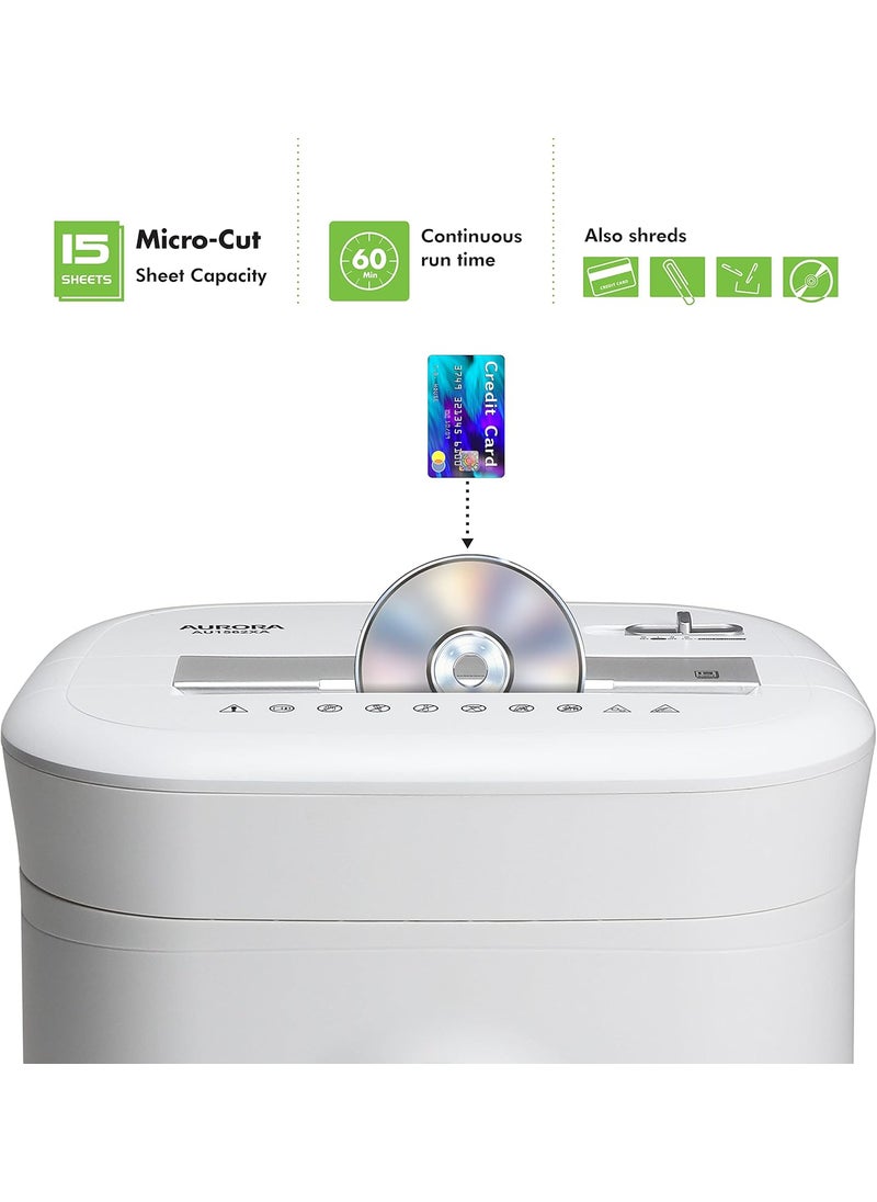 AURORA Aurora Heavy Duty AntiJam 15Sheet Crosscut Shredder60 Min Run Time 6Gallon Pullout Basket White  - Image 2
