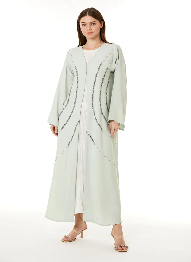 Moistreet Light Green Indonesian Crepe Hand Embellished Abaya