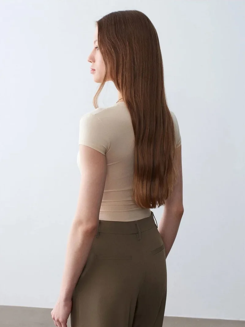 Dilvin DILVIN Slim Fit V-Neck Jersey Blouse