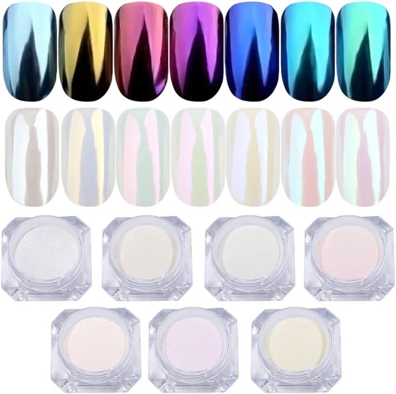 7 Colors White Pearl Chrome Nail Powder, Metallic Aurora Powder Iridescent Mirror Effect Pigment Shell Powder Glitter Dust Kit, Manicure Powder for Nail Art Decoration
