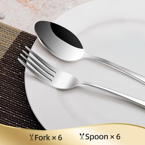 ITITT 12 Pieces Spoons and Forks Set,Food Grade Stainless Steel Flatware Cutlery Set,6 Forks(6.8 inch) and 6 Spoons(6.6inch) Silverware Set for Home,Kitchen,Restaurant-Mirror Polished & Dishwasher Safe - Image 3