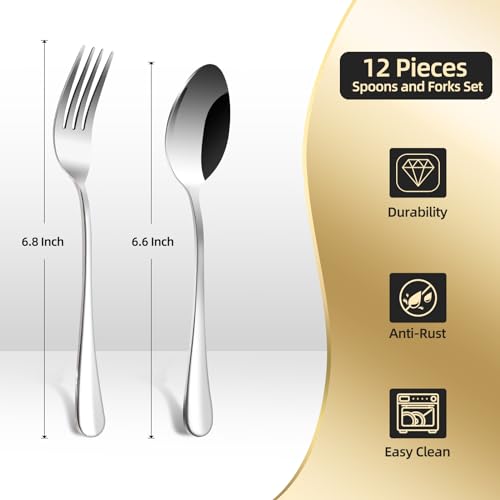 ITITT 12 Pieces Spoons and Forks Set,Food Grade Stainless Steel Flatware Cutlery Set,6 Forks(6.8 inch) and 6 Spoons(6.6inch) Silverware Set for Home,Kitchen,Restaurant-Mirror Polished & Dishwasher Safe - Image 2