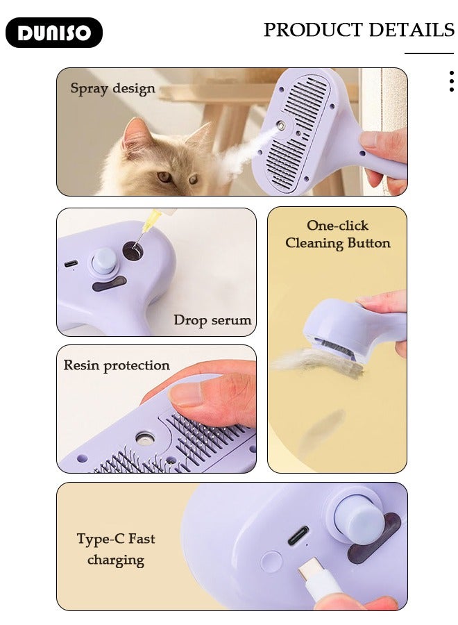 DUNISO Pet Steam Brush, 3 In 1 Cat Steamy Brush with Water Tank and Release Button, Multifunction Rechargeable Self-Cleaning Spray Cat Brush For Shedding, Dog Steam Brush, Pet Hair Cleaning Removal Brush For Cat Dog - Image 3