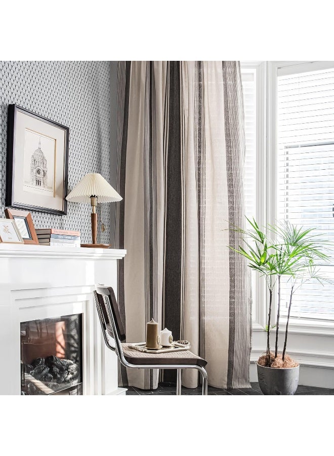 ColorBird Farmhouse Semi-Blackout Window Curtains 2 Panels Yarn-Dyed Striped Cotton Linen Darkening Curtains with Tassel Rod Pocket Window Drapes for Dining Living Bedroom (59" W x 63" L, Coffee) - Image 2