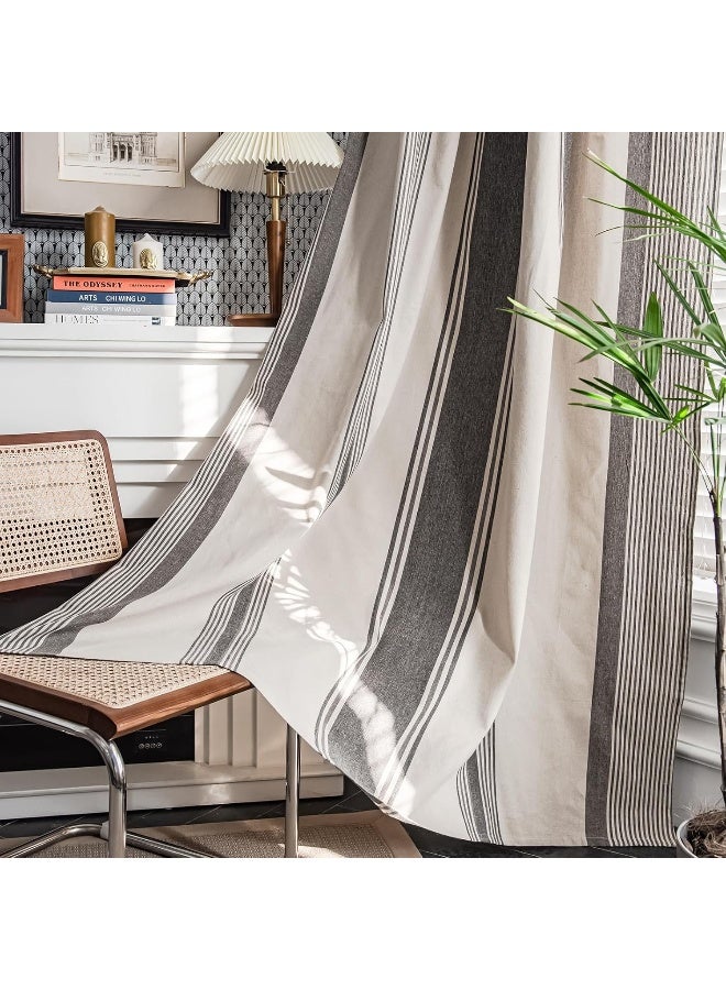 ColorBird Farmhouse Semi-Blackout Window Curtains 2 Panels Yarn-Dyed Striped Cotton Linen Darkening Curtains with Tassel Rod Pocket Window Drapes for Dining Living Bedroom (59" W x 63" L, Coffee) - Image 1