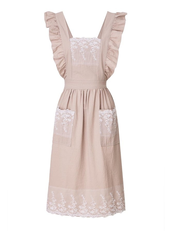 Zulzifs Vintage Aprons for Women - Cute Pinafore Cooking Apron Dress with Pockets for Kitchen Baking Gardening Painting (Beige) - Image 3