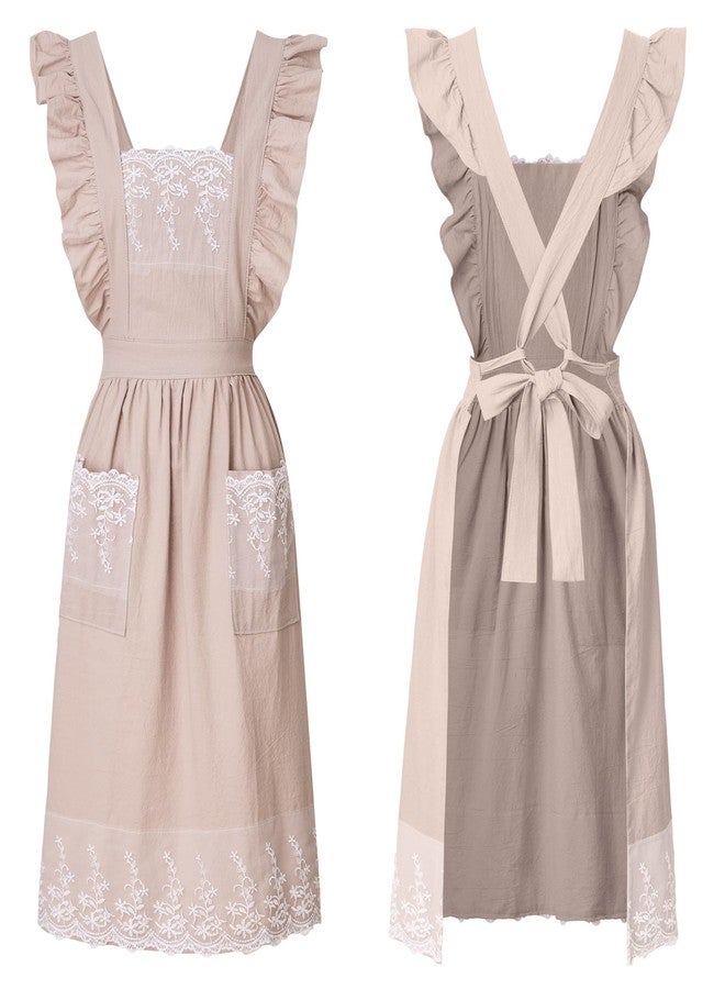 Zulzifs Vintage Aprons for Women - Cute Pinafore Cooking Apron Dress with Pockets for Kitchen Baking Gardening Painting (Beige) - Image 1