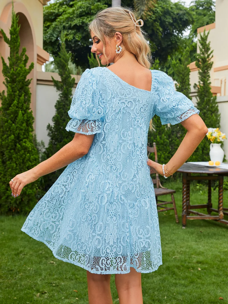 Simplee Women Off Shoulder Short Sleeve Floral Lace Ruffle Hem Mini Dress Elegant Daily Dress