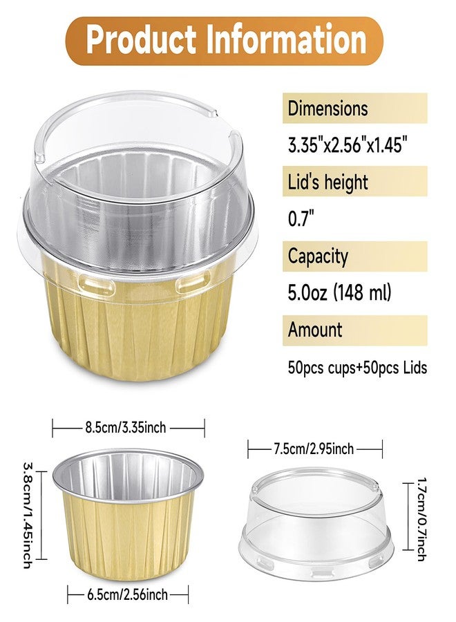 Eoonfirst 50pcs Mini Disposable Foil Ramekins with Lids 5oz, Aluminum Foil Round Cupcake Liners Muffin Cups, Baking Cups Muffin Pans (Gold) - Image 2