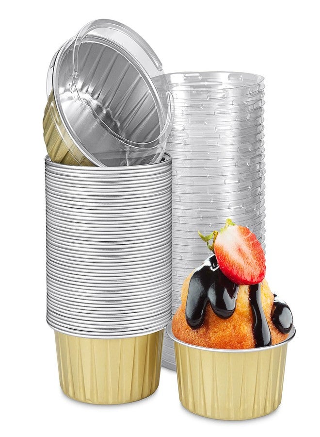 Eoonfirst 50pcs Mini Disposable Foil Ramekins with Lids 5oz, Aluminum Foil Round Cupcake Liners Muffin Cups, Baking Cups Muffin Pans (Gold) - Image 1