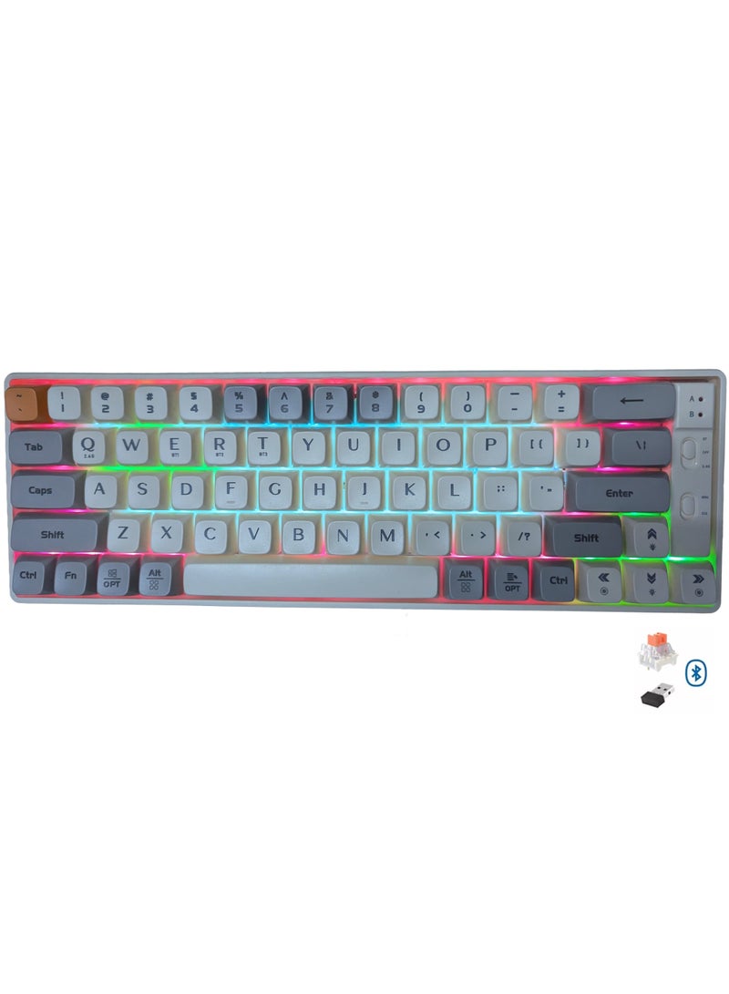لانغتو لوحة مفاتيح GK65 للألعاب الميكانيكية بألوان قوس قزح، لاسلكية، بلوتوث، وسلكية، بثلاثة أوضاع، مزودة بمفاتيح خطية برتقالية هادئة قابلة للتبديل السريع مع مقبس لوحة دوائر مطبوعة قابل للتعديل الحر للتبديل السريع - Image 1
