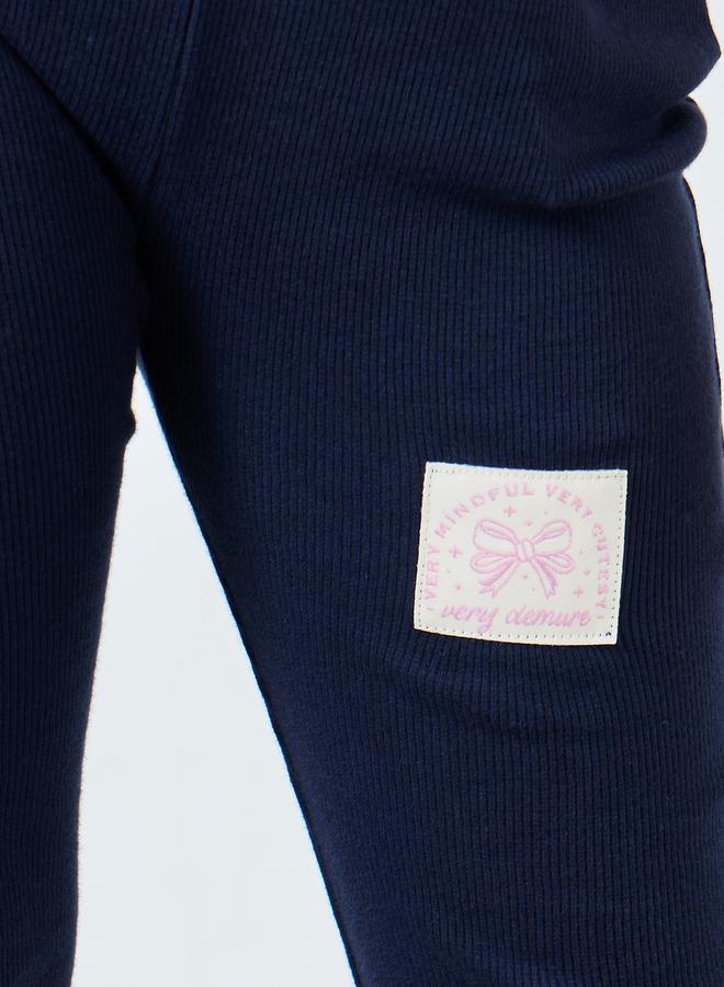 Styli Girls Navy Ribbed Flared Leggings with Badge - Image 3