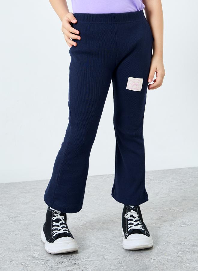 Styli Girls Navy Ribbed Flared Leggings with Badge - Image 1