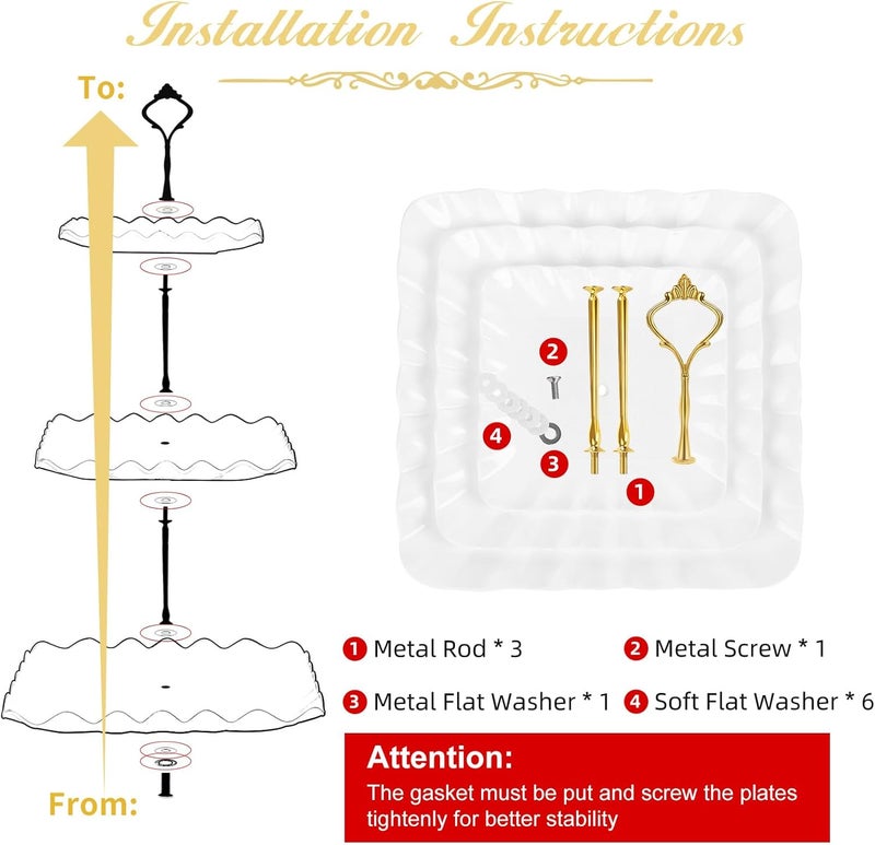 DAFURIET Dessert Cupcake Stand, 3 Tier Cup Cake Holder Tower for Tea Party/Birthday/Wedding, Plastic Tiered Serving Tray with Metal Rod, White - Image 4