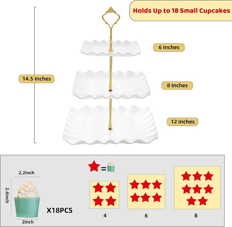 DAFURIET Dessert Cupcake Stand, 3 Tier Cup Cake Holder Tower for Tea Party/Birthday/Wedding, Plastic Tiered Serving Tray with Metal Rod, White - Image 3
