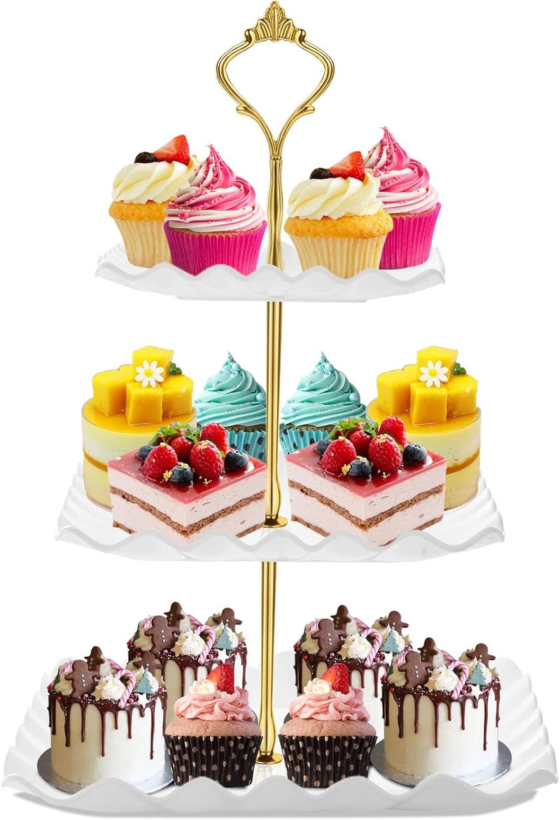 DAFURIET Dessert Cupcake Stand, 3 Tier Cup Cake Holder Tower for Tea Party/Birthday/Wedding, Plastic Tiered Serving Tray with Metal Rod, White - Image 1