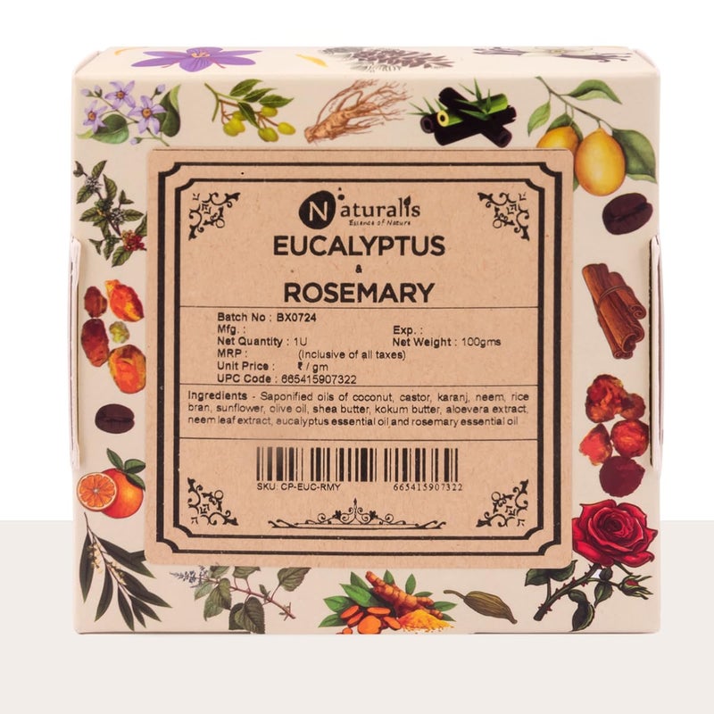 Naturalis Eucalyptus Soap Handmade ColdPressed Soap with Organic Rosemary Oil Organic Soap for Deep Cleansing Hydration Skin Soothing and Radiant Glow 100g - Image 1