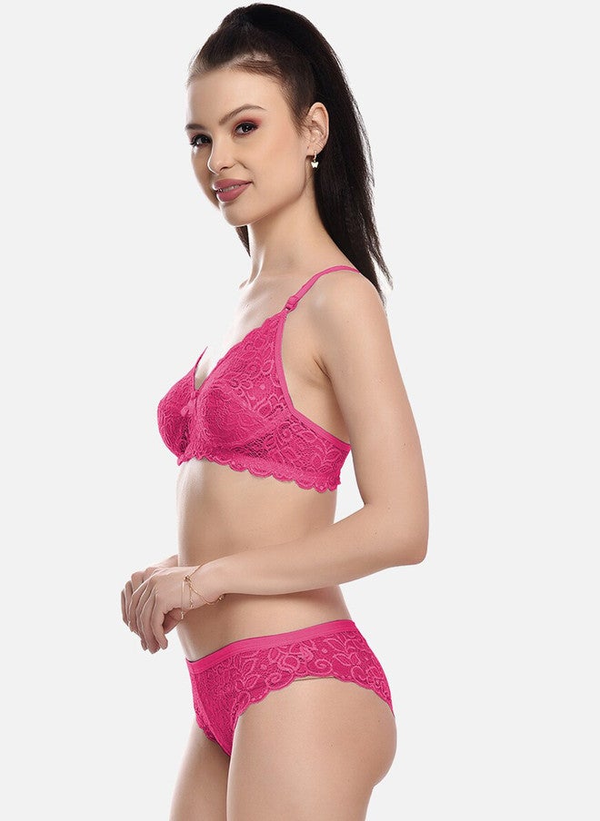FIMS Full Coverage Cotton Lycra Lingerie Set - Pink - Image 3