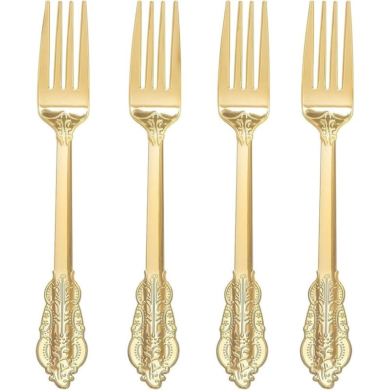 25 Pcs Golden Pattern Plastic Forks Heavy Duty Cutlery For Dessert Cake Party Wedding Picnic Summer Spring Daily Use - Image 1