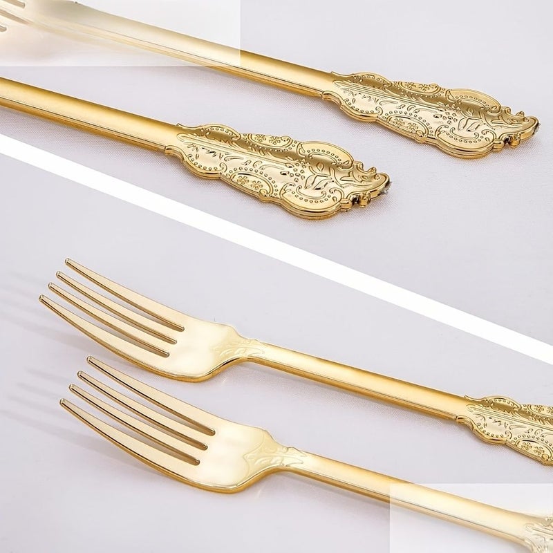 25 Pcs Golden Pattern Plastic Forks Heavy Duty Cutlery For Dessert Cake Party Wedding Picnic Summer Spring Daily Use - Image 4