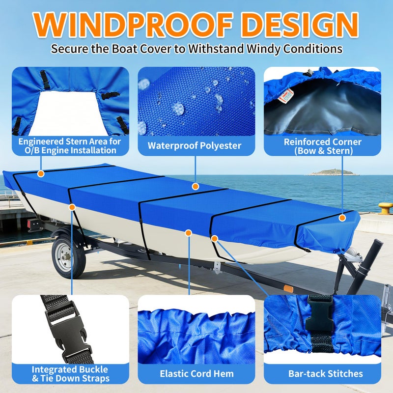 iCOVER Jon Boat Cover 12ft, Heavy Duty Waterproof Marine Grade Polyester Canvas Mooring Cover, Anti-UV Trailerable Jon Boat Covers, Fits Boats 12' Long Beam Width up to 56", Blue - Image 2