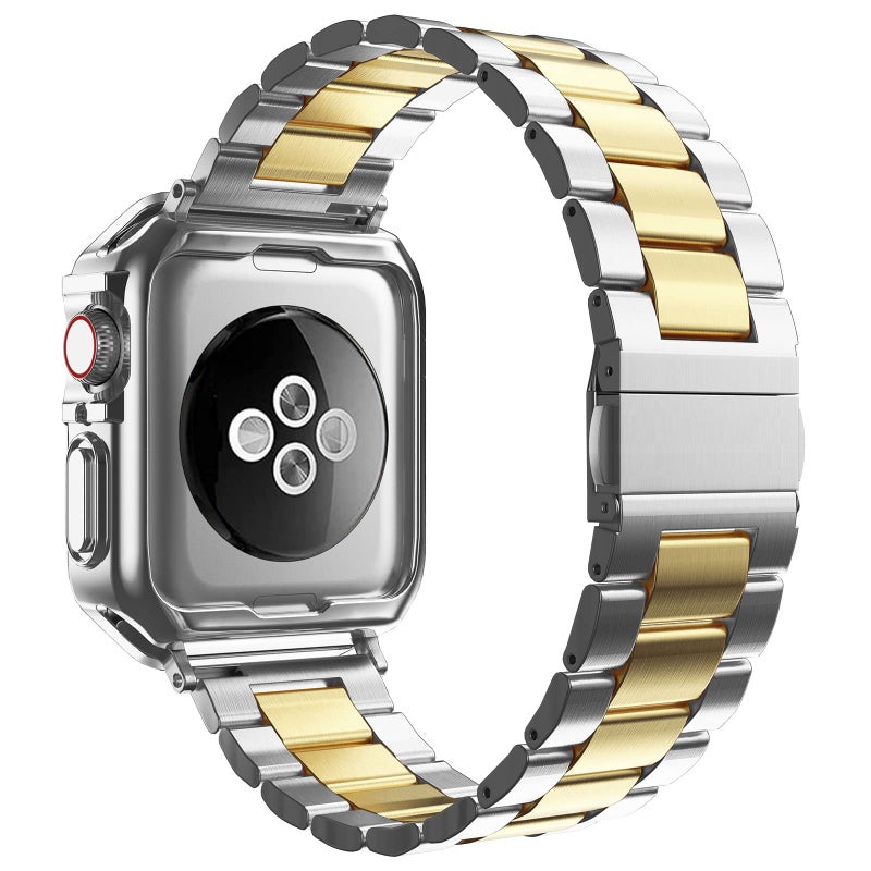 MRYUESG Designed for Apple Watch Band and Case, Stainless Steel Metal Chain with TPU Cover, Smart-Watch Link Bracelet Strap, Wrist-Band for i-Watch Series 9 8 7 6 5 4 3 2 1 SE, 45mm 44mm 42mm, Silver+Gold - Image 2