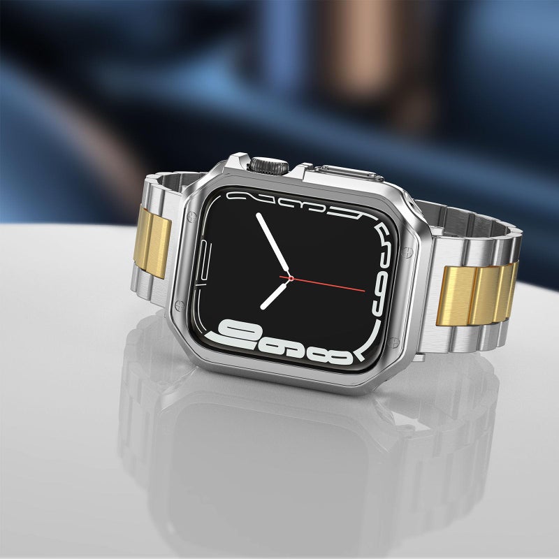 MRYUESG Designed for Apple Watch Band and Case, Stainless Steel Metal Chain with TPU Cover, Smart-Watch Link Bracelet Strap, Wrist-Band for i-Watch Series 9 8 7 6 5 4 3 2 1 SE, 45mm 44mm 42mm, Silver+Gold - Image 3
