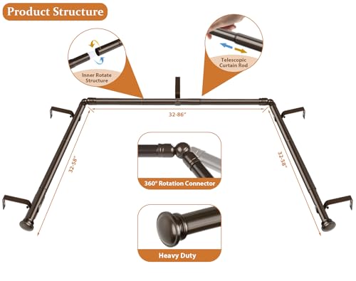TONIAL Bay Window Curtain Rods, 32 to 86 Inch Center Rod for window, 20 to 82 Inch Side Rods for windows 3/4 Inch Decorative Drapery Rods with Small Cap Finial, Bronze - Image 4