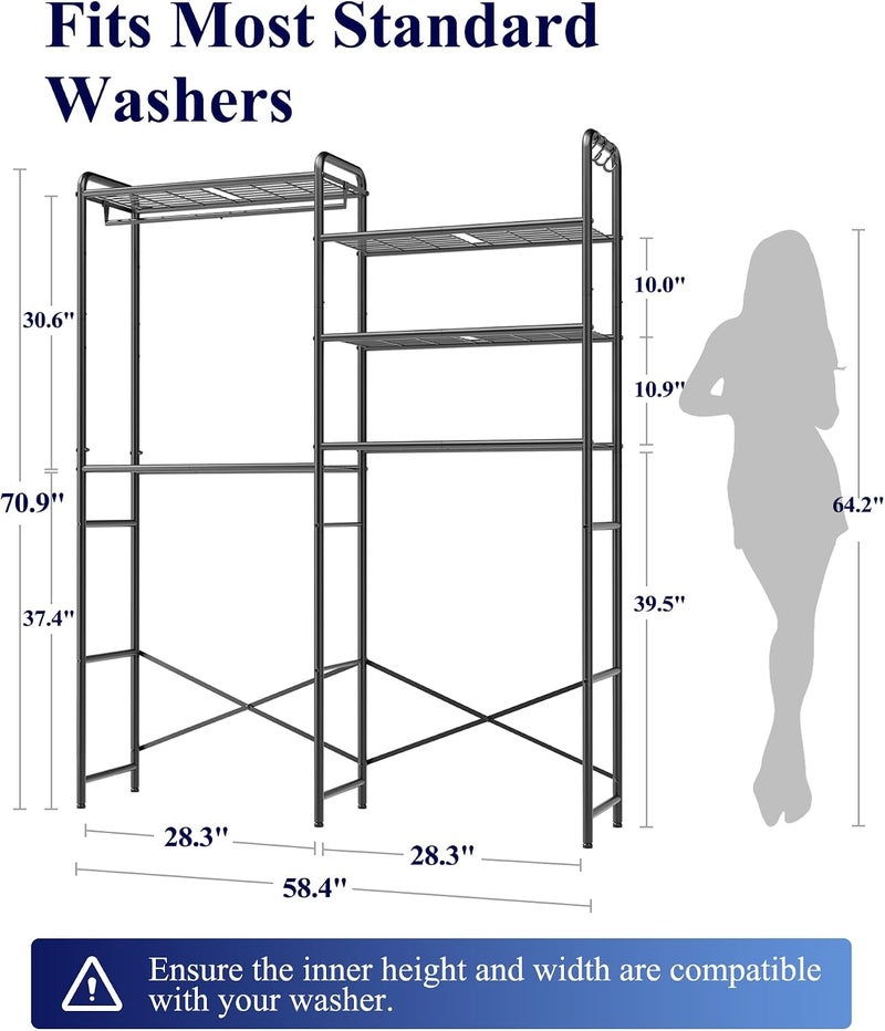 Kitsure Laundry Room Shelves - Multi-Functional Over Washer and Dryer Shelves with Hanging Bar & Removable Hooks, Space-Saving Organizer for Laundry Room, Kitchen, 58.4" W x 13.0" D x 70.9" H, Black - Image 3