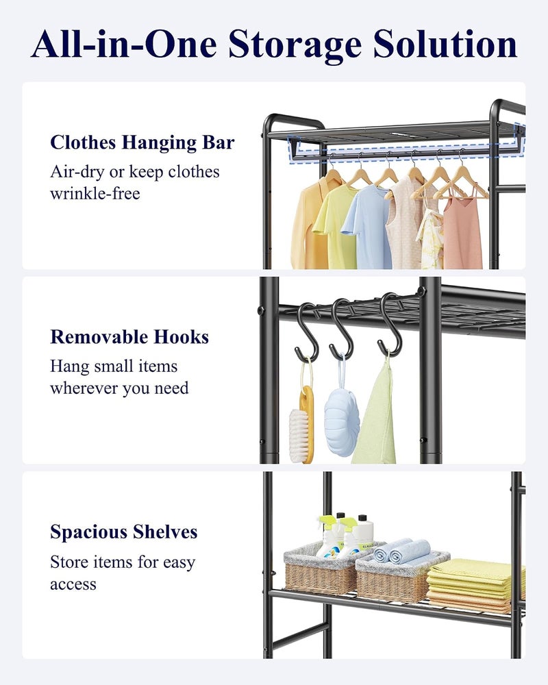 Kitsure Laundry Room Shelves - Multi-Functional Over Washer and Dryer Shelves with Hanging Bar & Removable Hooks, Space-Saving Organizer for Laundry Room, Kitchen, 58.4" W x 13.0" D x 70.9" H, Black - Image 5