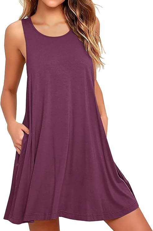 WEACZZY Women's Sleeveless Pockets Casual Swing T-Shirt Dresses,Mauve,XL - Image 1