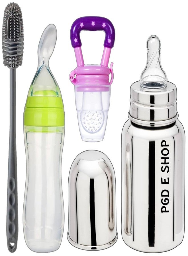 PGD Baby comprehensive feeding combo set Premium Steel Feeding Bottle, Silicone Baby Food Fruit Feeder Nibbler 10ml & Food Feeder Spoon 90ml with Long Handle Cleaning Brush (150ml Comprehensive Feeding Combo Set) - Image 1