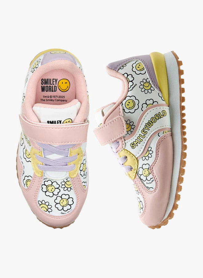 SMILEY Girls World Floral Print Sneakers with Hook and Loop Closure  - Image 1