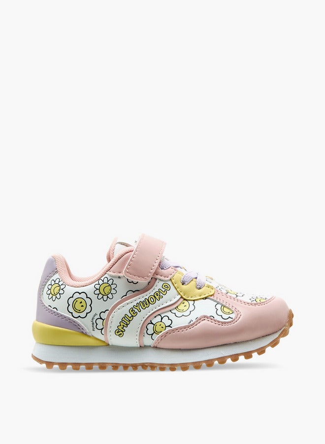 SMILEY Girls World Floral Print Sneakers with Hook and Loop Closure  - Image 3