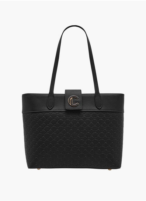 Women's Monogram Embossed Tote Bag with Double Handle and Zip Closure