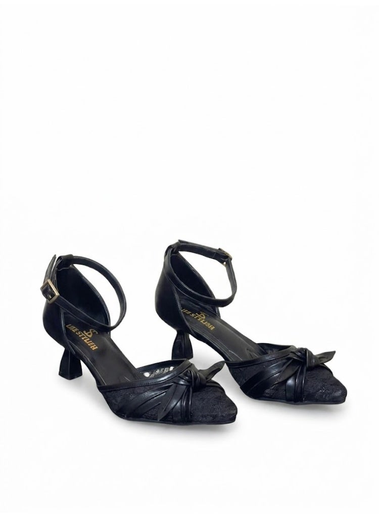 لايف ستيلاش  أحذية كعب متوسط دانتيل مع فيونكه F-612 - أسود - Image 2