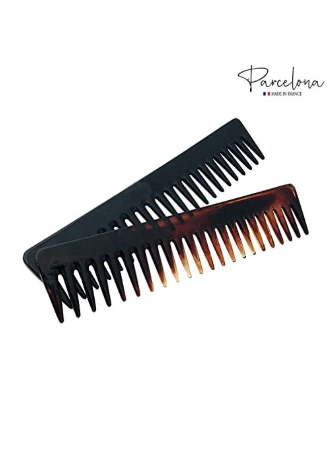 Parcelona French Long Set Of 2 Rake Vo Tortoise Shell And Black Color Celluloid Wide Hair Detangling Combs For Women And Girls, Made In France  - Image 2