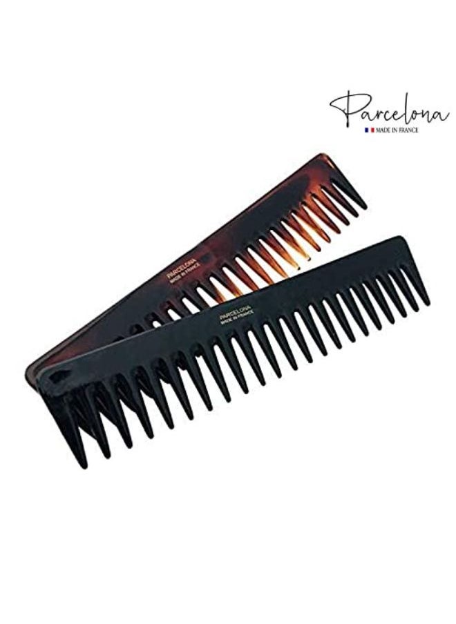 Parcelona French Long Set Of 2 Rake Vo Tortoise Shell And Black Color Celluloid Wide Hair Detangling Combs For Women And Girls, Made In France  - Image 3