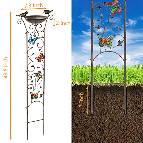 LEWIS&WAYNE Garden Trellis Bird Bath Outdoor, 40 Inch Antique Iron Garden Plant Trellis Decorative with Butterflies and Detachable Drinking Basin Bowl, Free Standing BirdBath Birdfeeder Station - Image 2