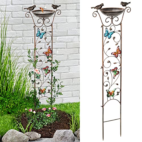 LEWIS&WAYNE Garden Trellis Bird Bath Outdoor, 40 Inch Antique Iron Garden Plant Trellis Decorative with Butterflies and Detachable Drinking Basin Bowl, Free Standing BirdBath Birdfeeder Station - Image 1