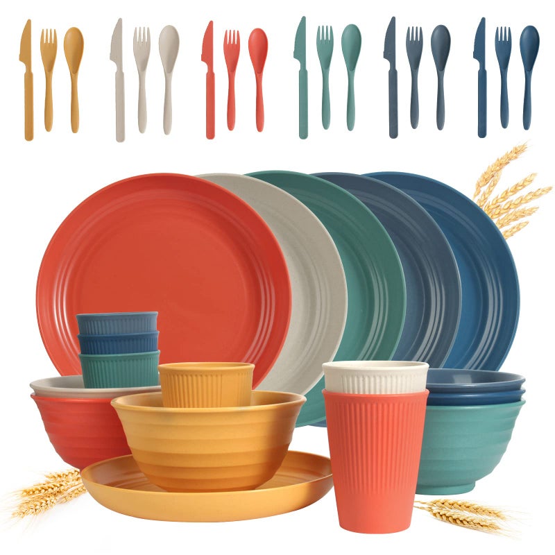 SGAOFIEE Wheat Straw Dinnerware Sets SGAOFIEE 36 Piece Unbreakable Dinnerware Sets Reusable Wheat Straw Plates and Bowls Sets Travel Camping Cutlery Set Dishwasher Microwave Safe Dinnerware Colourful