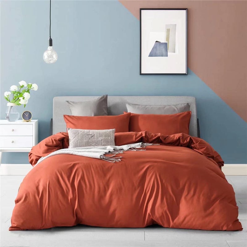 Ruccit Burnt Orange Duvet Cover Set Double 100 Brushed Microfiber Double Bed Duvet Cover Dark Orange 3pcs Modern Simple Bedding Set with Zipper Closure Corner TiesSoftDurableFade resistant
