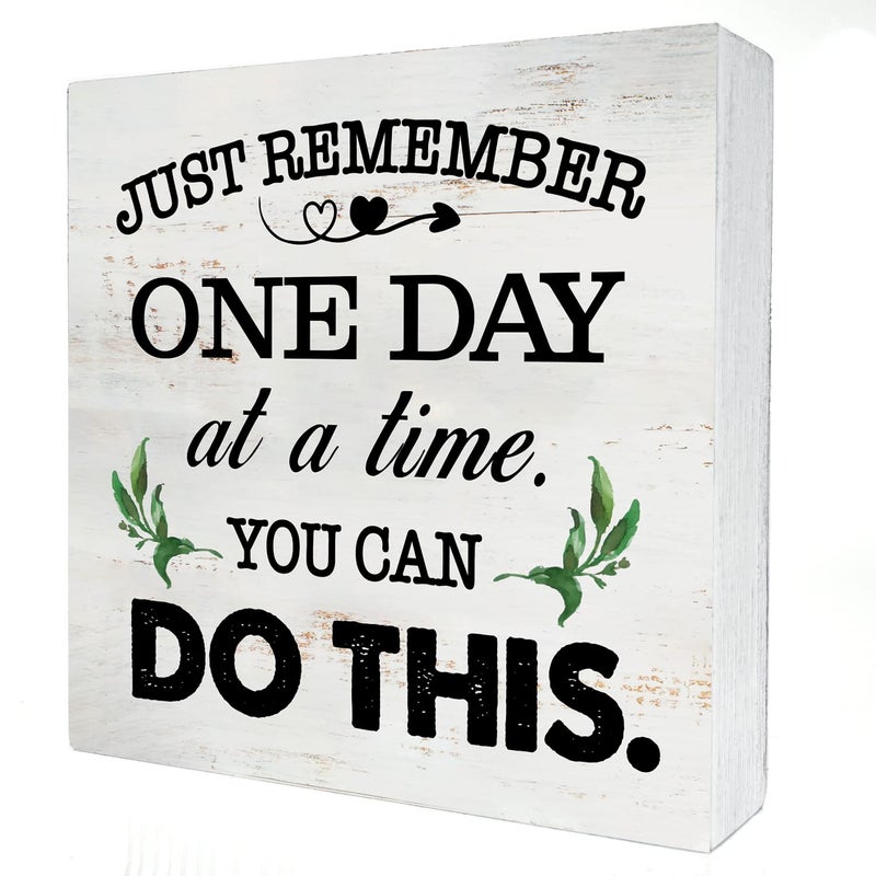 HDKY Just Remember One Day at a Time Wood Box Sign Home Decor Rustic Inspirational You Can Do It Wooden Box Sign Block Plaque for Wall Tabletop Desk Home Office Decoration 5"" x 5"" - Image 1