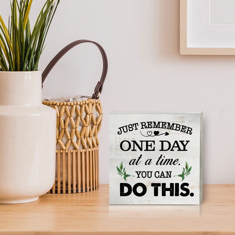HDKY Just Remember One Day at a Time Wood Box Sign Home Decor Rustic Inspirational You Can Do It Wooden Box Sign Block Plaque for Wall Tabletop Desk Home Office Decoration 5"" x 5"" - Image 5