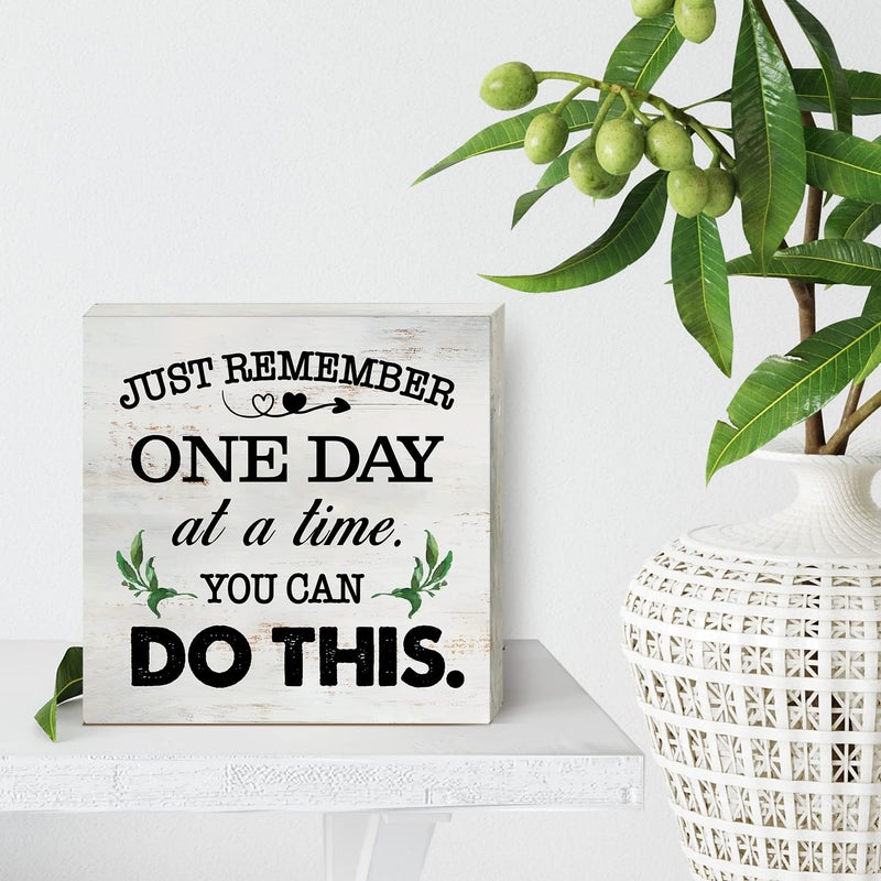 HDKY Just Remember One Day at a Time Wood Box Sign Home Decor Rustic Inspirational You Can Do It Wooden Box Sign Block Plaque for Wall Tabletop Desk Home Office Decoration 5"" x 5"" - Image 4