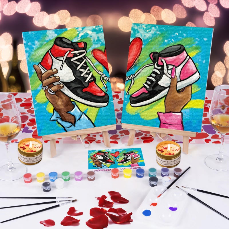 Vochic 2 Pack Sip And Paint Kit For Adults Pre Drawn Canvas Painting Art Set With Outline Canvas Couples Date Night Valentine'S Day (Sneakers  8 X 10 Inches) - Image 2